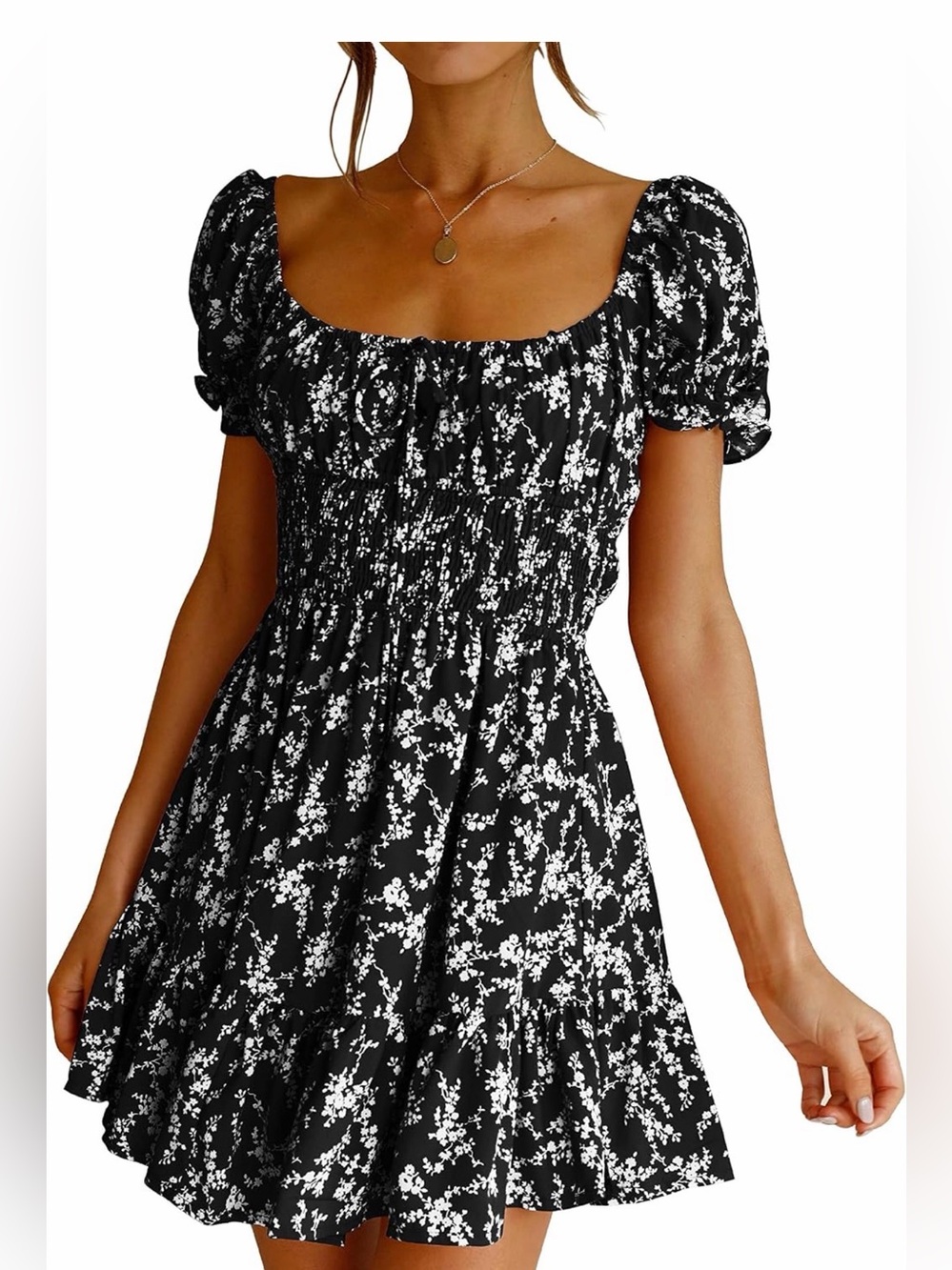 Womens Summer Puff Short Sleeve Square Neck Floral Mini Dress XXL